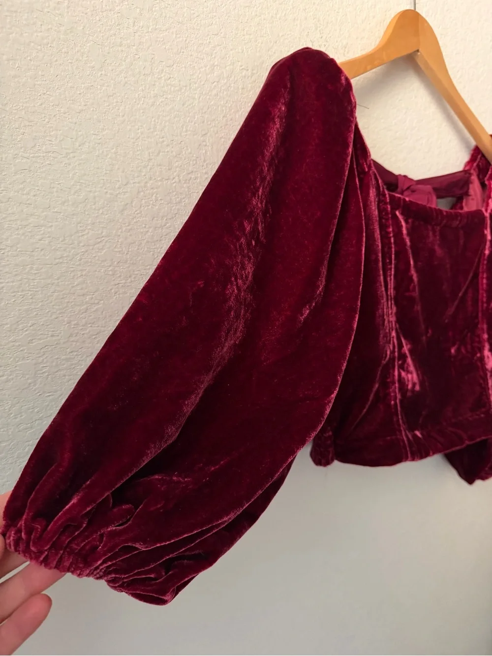 Free People Velvet Crop Top Burgundy Puff Sleeve Open Back Tie Women’s Small